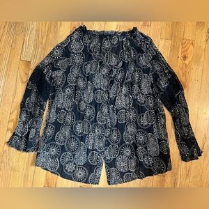 LANE BRYANT Womens Size 18/20 Blouse Black Print Lace Accents Sheer Button Front